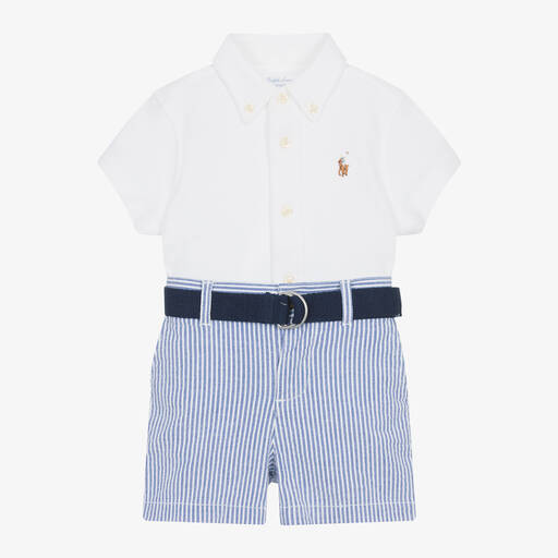 Ralph Lauren-Baby Boys White & Blue Shorts Set | Childrensalon