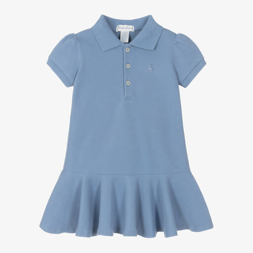 Ralph Lauren-Baby Girls Blue Cotton Polo Dress | Childrensalon