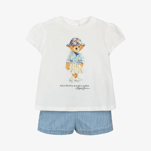 Ralph Lauren-Baby Girls Blue Cotton Shorts Set | Childrensalon