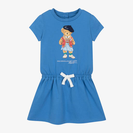 Ralph Lauren-Baby Girls Blue Polo Bear Cotton Dress | Childrensalon