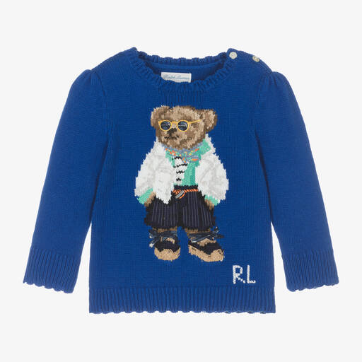 Ralph Lauren-Baby Girls Blue Polo Bear Knit Sweater | Childrensalon