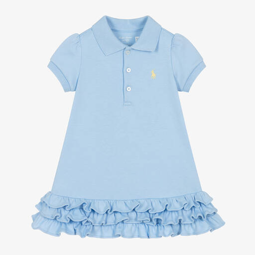 Ralph Lauren-Baby Girls Blue Ruffle Polo Dress | Childrensalon