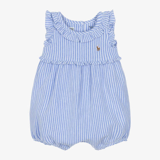 Ralph Lauren-Baby Girls Blue Stripe Cotton Shortie | Childrensalon