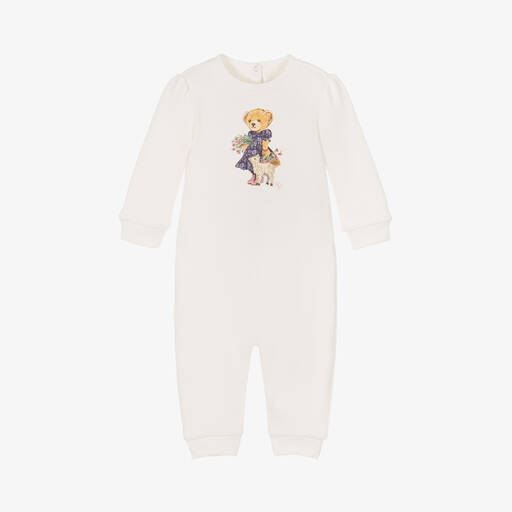 Ralph Lauren-Baby Girls Ivory Polo Bear Cotton Romper | Childrensalon