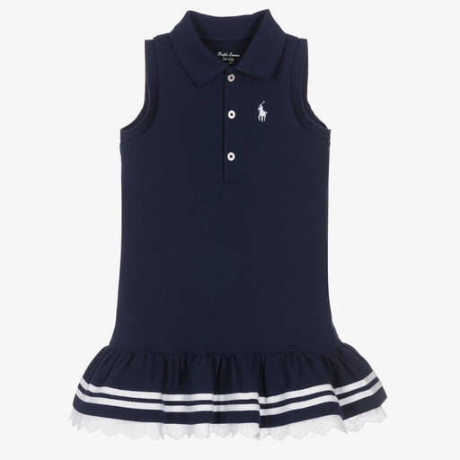 Ralph Lauren-Baby Girls Navy Blue Cotton Polo Dress | Childrensalon