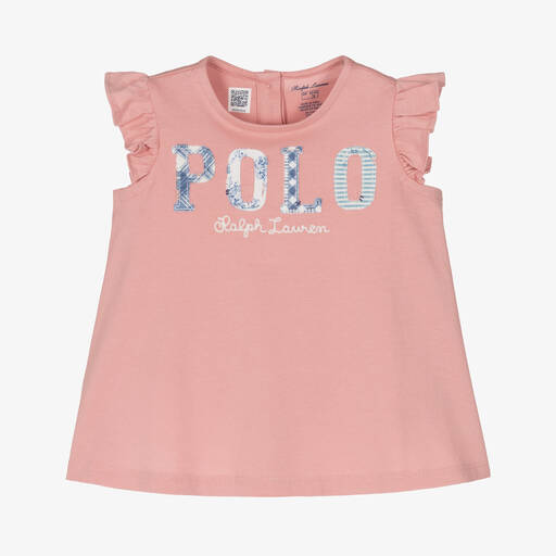 Ralph Lauren-Baby Girls Pink Cotton Patchwork T-Shirt | Childrensalon