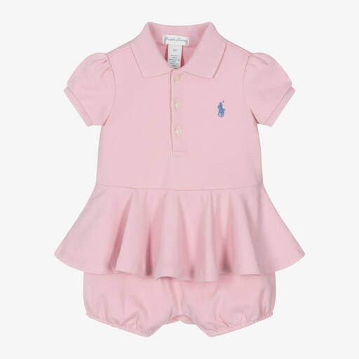 Ralph Lauren-Baby Girls Pink Cotton Polo Shortie | Childrensalon
