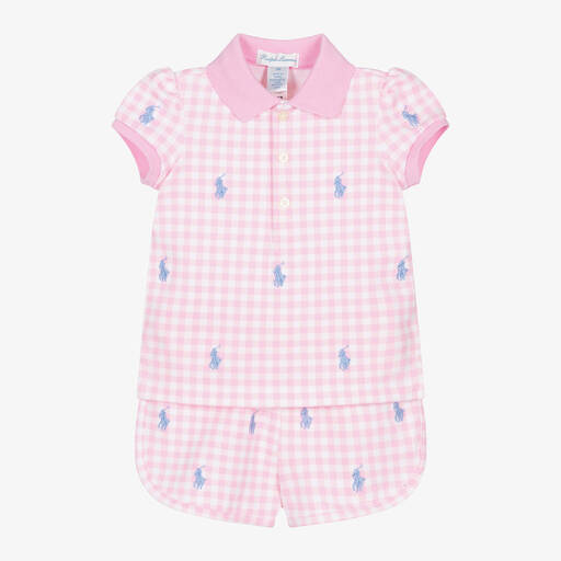 Ralph Lauren-Baby Girls Pink Gingham Cotton Shorts Set | Childrensalon