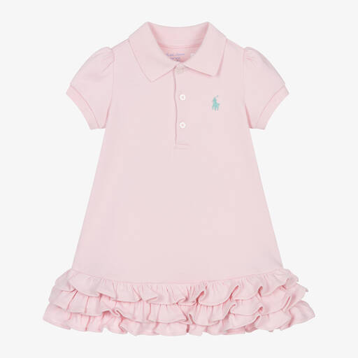 Ralph Lauren-Baby Girls Pink Ruffle Polo Dress | Childrensalon