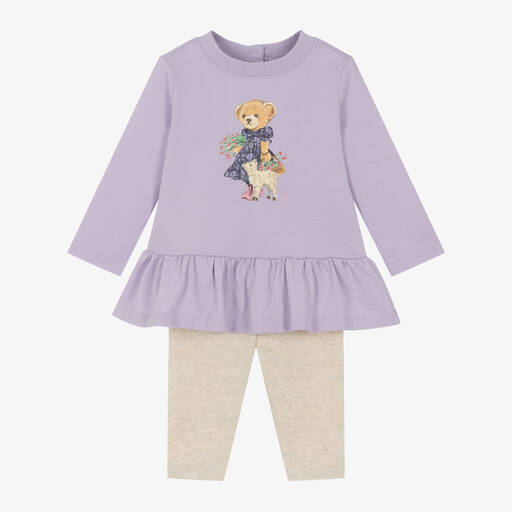 Ralph Lauren-Baby Girls Purple & Beige Bear Leggings Set | Childrensalon