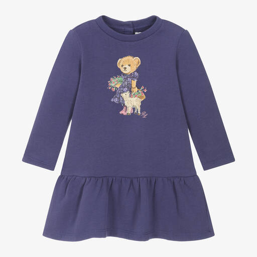Ralph Lauren-Baby Girls Purple Cotton Bear Dress | Childrensalon