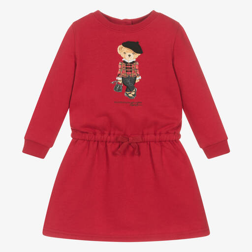 Ralph Lauren-Baby Girls Red Cotton Polo Bear Dress | Childrensalon