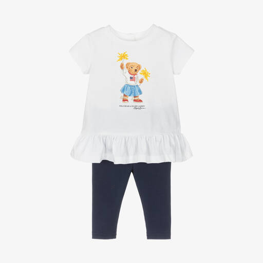 Ralph Lauren-Baby Girls White & Blue Cotton Leggings Set | Childrensalon