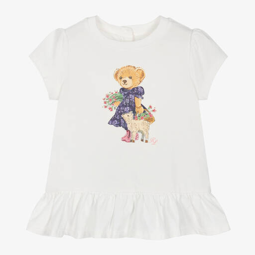 Ralph Lauren-Baby Girls White Cotton Bear T-Shirt | Childrensalon