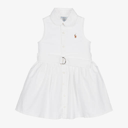 Ralph Lauren- فستان بحزام قطن لون أبيض للمولودات | Childrensalon