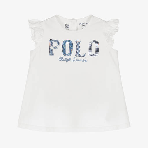 Ralph Lauren-Baby Girls White Cotton Patchwork T-Shirt | Childrensalon