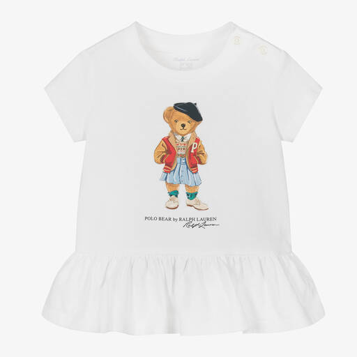 Ralph Lauren-Baby Girls White Cotton Polo Bear T-Shirt | Childrensalon