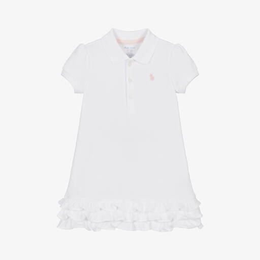 Ralph Lauren-Baby Girls White Cotton Ruffle Polo Dress | Childrensalon