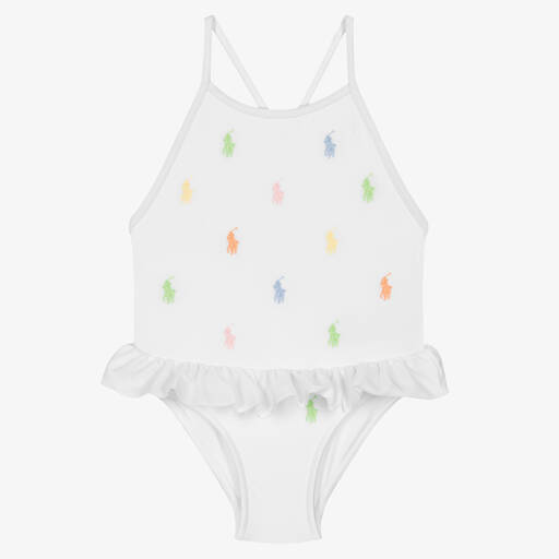 Ralph Lauren-Baby Girls White Logo Swimsuit | Childrensalon