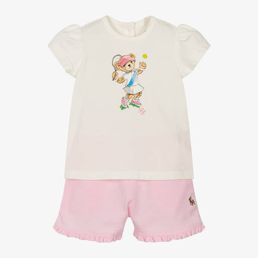 Ralph Lauren-Baby Girls White & Pink Shorts Set | Childrensalon