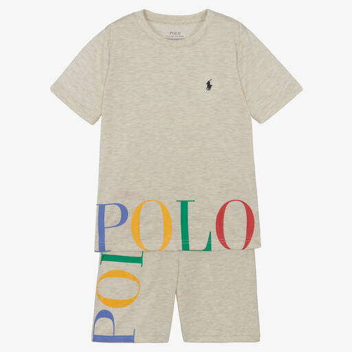 Ralph Lauren-Boys Beige Marl Jersey Pyjamas | Childrensalon
