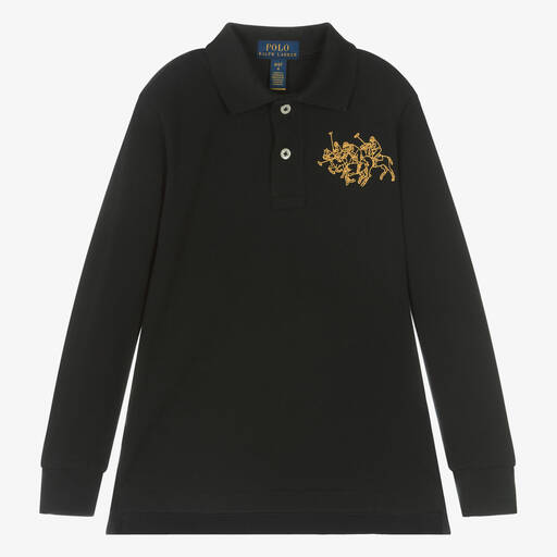 Ralph Lauren-Boys Black Cotton Triple Pony Polo Shirt | Childrensalon