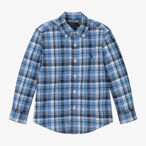 Ralph Lauren-Boys Blue Check Cotton Shirt | Childrensalon