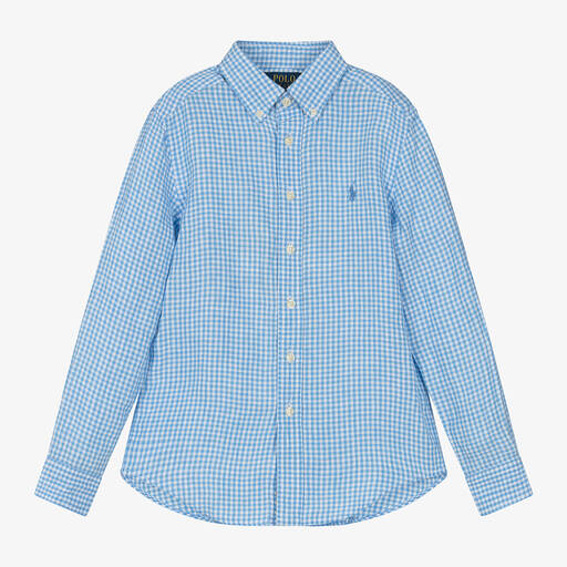Ralph Lauren-Boys Blue Check Linen Shirt | Childrensalon