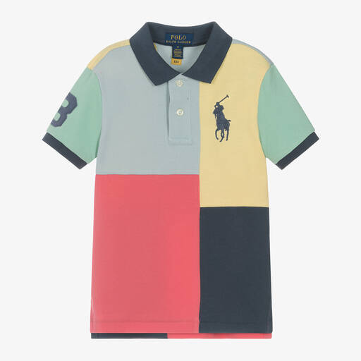 Ralph Lauren-Boys Blue Colourblock Cotton Polo Shirt | Childrensalon