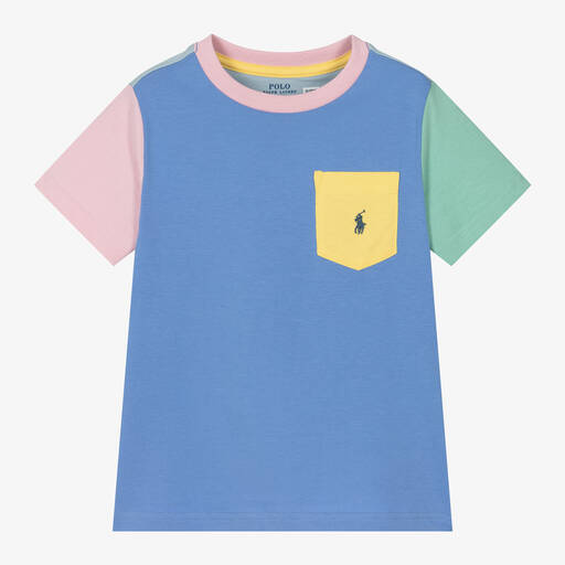 Ralph Lauren-Boys Blue Colourblock Cotton T-Shirt | Childrensalon