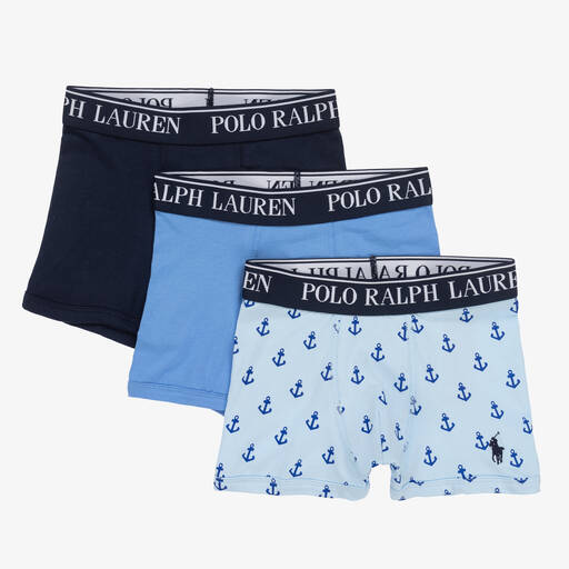 Ralph Lauren-Boys Blue Cotton Boxer Shorts (3 Pack) | Childrensalon
