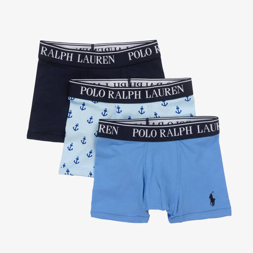 Ralph Lauren-Boys Blue Cotton Boxer Shorts (3 Pack) | Childrensalon