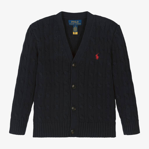 Ralph Lauren-Boys Blue Cotton Cable Knit Cardigan | Childrensalon