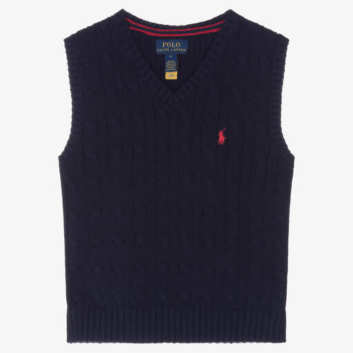 Ralph Lauren-Boys Blue Cotton Cable Knit Slipover | Childrensalon