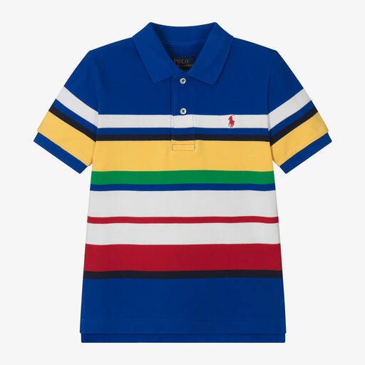 Ralph Lauren-Boys Blue Cotton Multi-Stripe Polo Shirt | Childrensalon