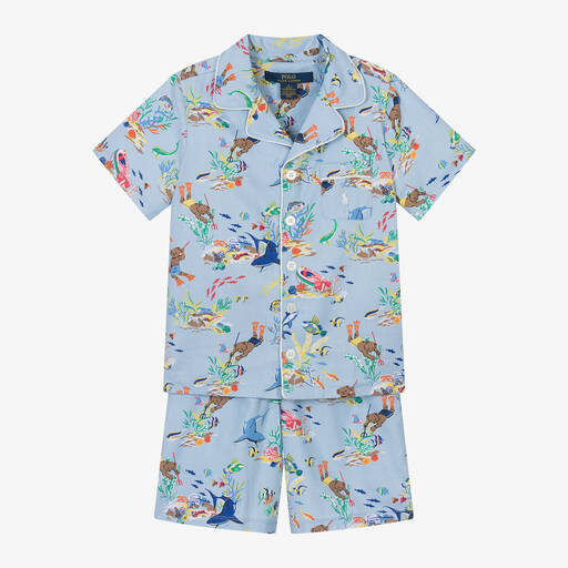 Ralph Lauren-Boys Blue Cotton Polo Bear Short Pyjamas | Childrensalon