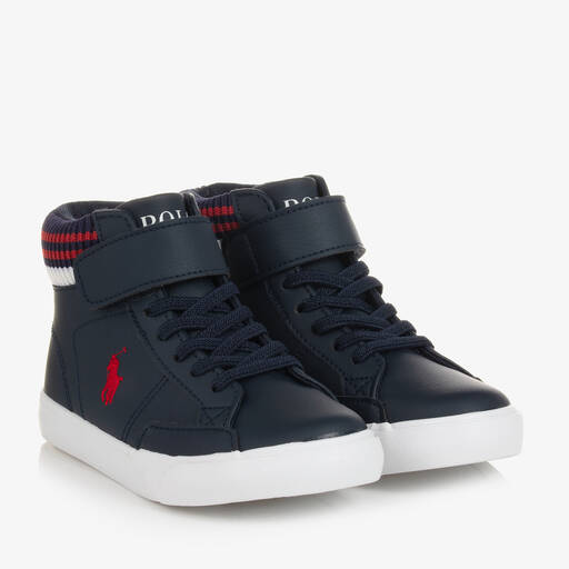 Polo Ralph Lauren-Boys Blue Faux Leather High Top Trainers | Childrensalon