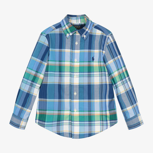 Ralph Lauren-قميص قطن كاروهات لون أخضر وأزرق للأولاد | Childrensalon