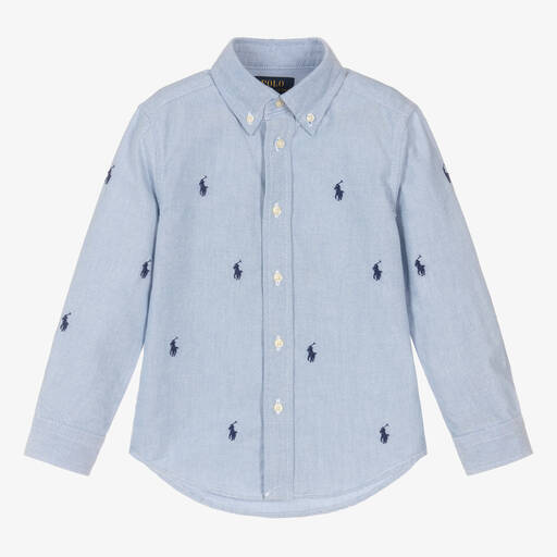 Ralph Lauren-Boys Blue Oxford Cotton Pony Shirt | Childrensalon