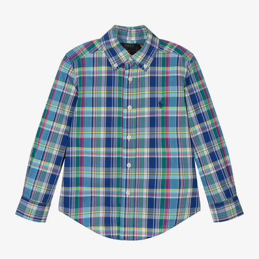 Ralph Lauren-Boys Blue & Pink Check Cotton Shirt | Childrensalon