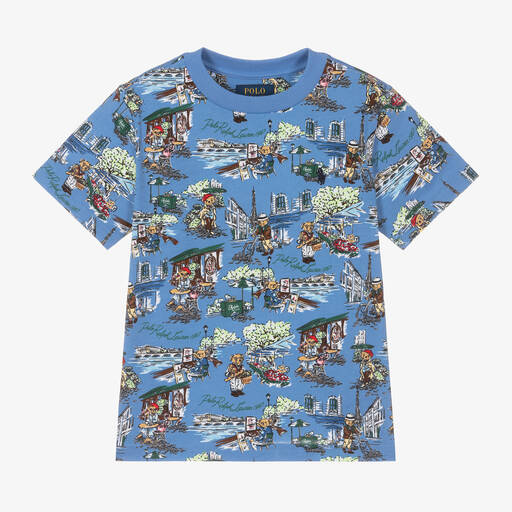 Ralph Lauren-Boys Blue Polo Bear Cotton T-Shirt | Childrensalon