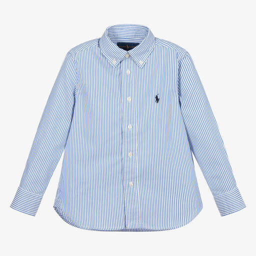Polo Ralph Lauren-Голубая хлопковая рубашка в полоску для мальчиков | Childrensalon