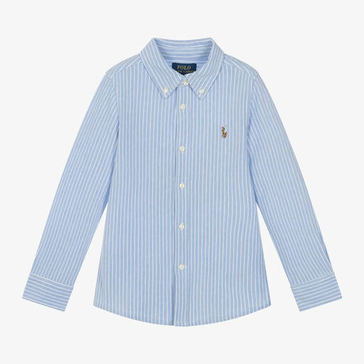 Ralph Lauren-قميص قطن بيكيه مقلم لون أزرق وأبيض للأولاد | Childrensalon
