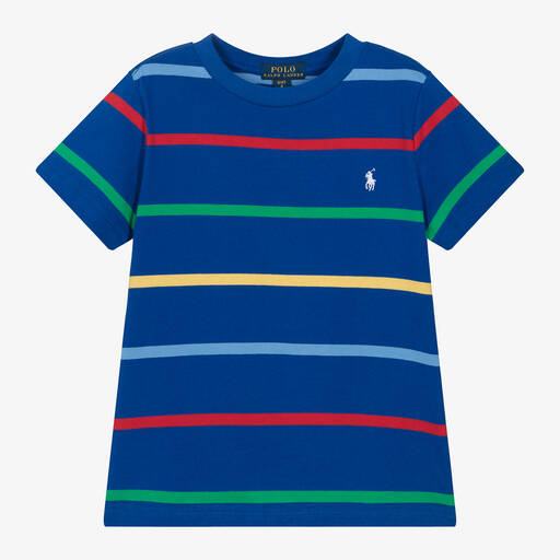 Ralph Lauren-Boys Blue Striped Cotton T-Shirt | Childrensalon