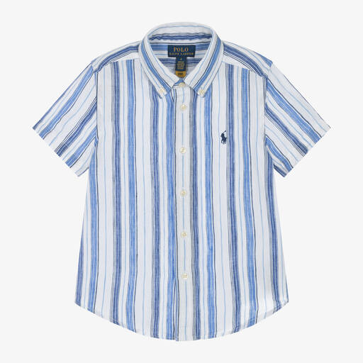 Ralph Lauren-Boys Blue Striped Linen Shirt  | Childrensalon