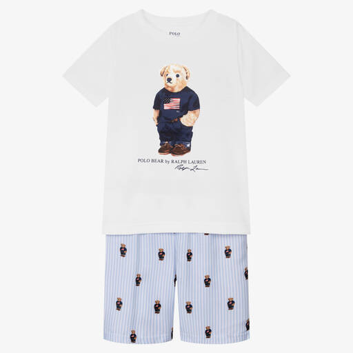 Ralph Lauren-Boys Blue Striped Polo Bear Cotton Pyjamas | Childrensalon