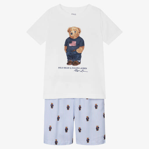 Ralph Lauren-Boys Blue Striped Polo Bear Cotton Pyjamas | Childrensalon