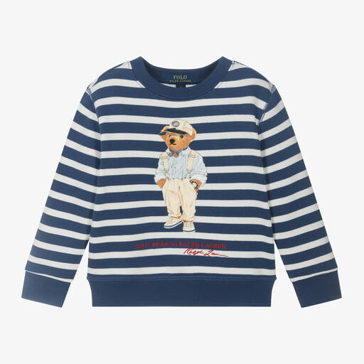 Ralph Lauren-Boys Blue Striped Polo Bear Sweatshirt | Childrensalon