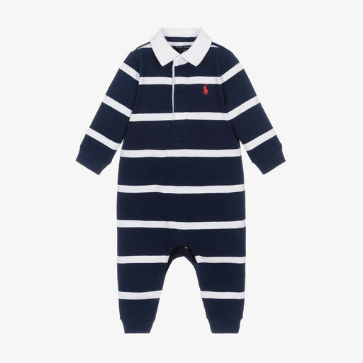 Ralph Lauren-Boys Blue & White Stripe Cotton Babygrow | Childrensalon