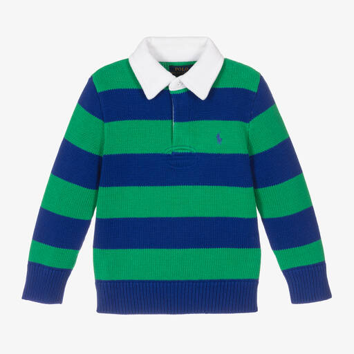 Ralph Lauren-Boys Green & Blue Stripe Cotton Polo Jumper | Childrensalon